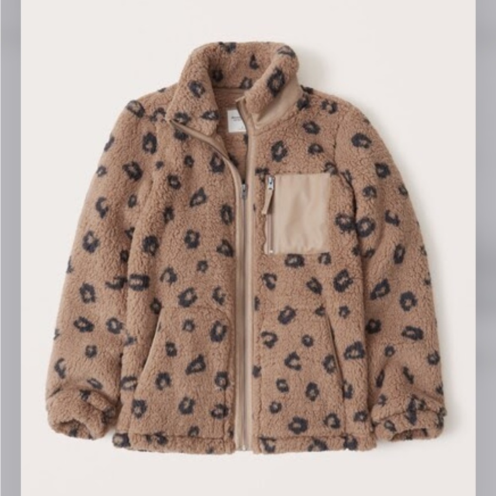 Abercrombie & Fitch Sherpa Faux Leather Trim Jacket Zipper Medium Leopard Print